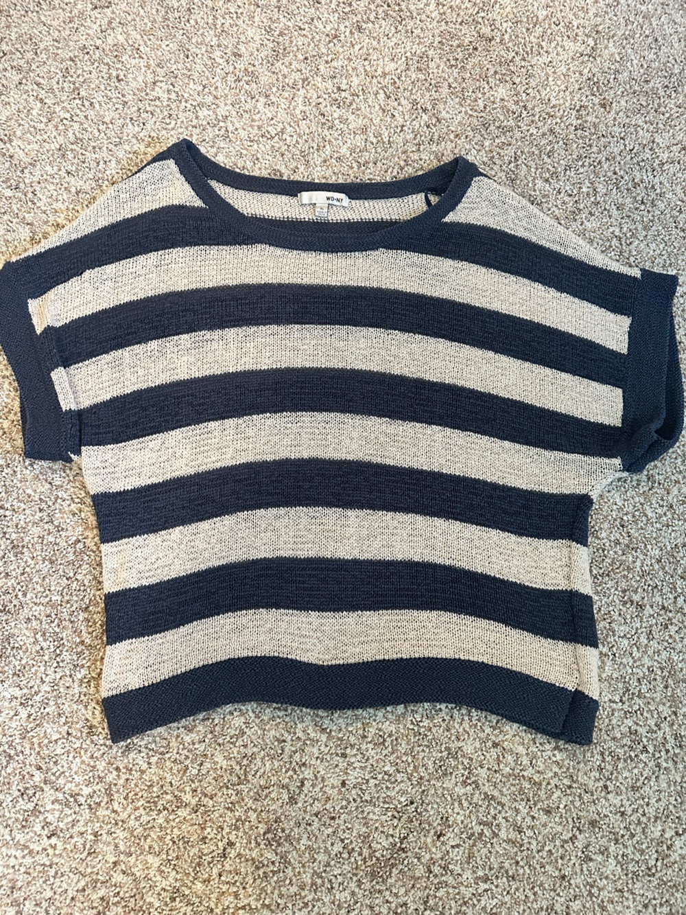 WD.NY Navy and Cream Striped Short-Sleeve Sweater